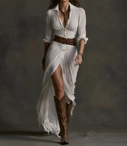 Aurora | Vestido largo de lino con cuello invertido